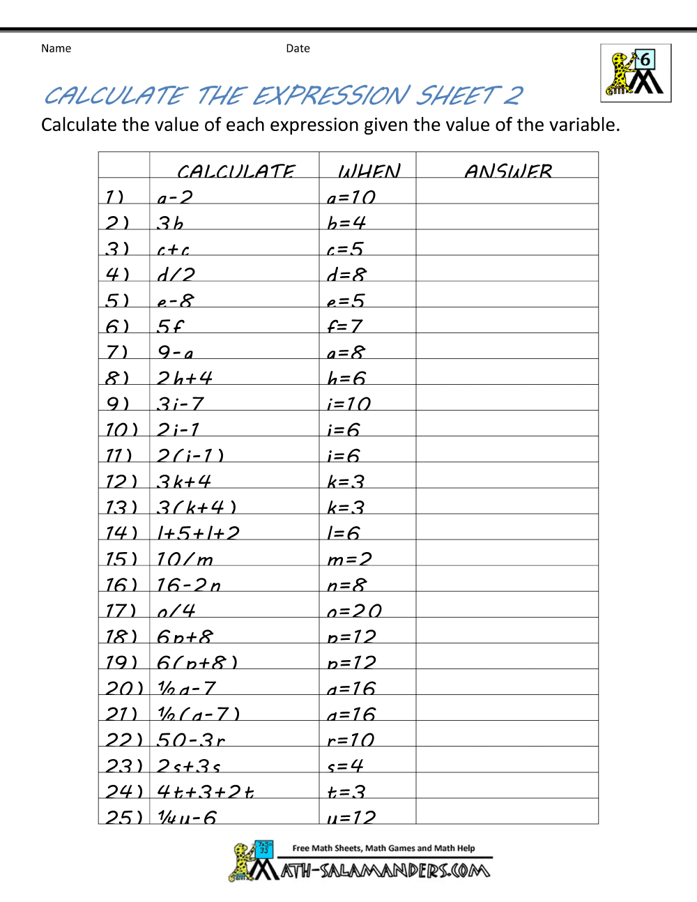 Algebra Worksheets