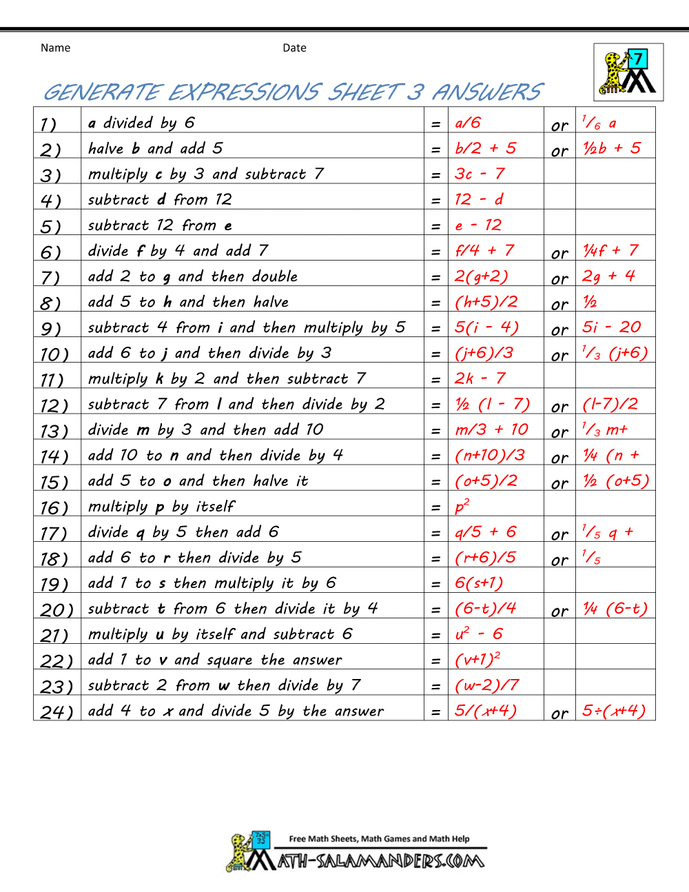 Algebra Worksheets