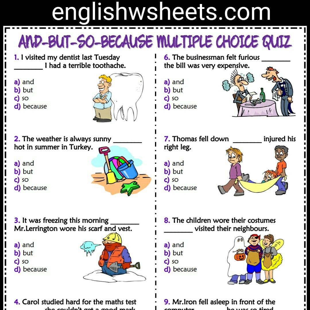 And But So Because Esl Printable Multiple Choice Quiz For Kids