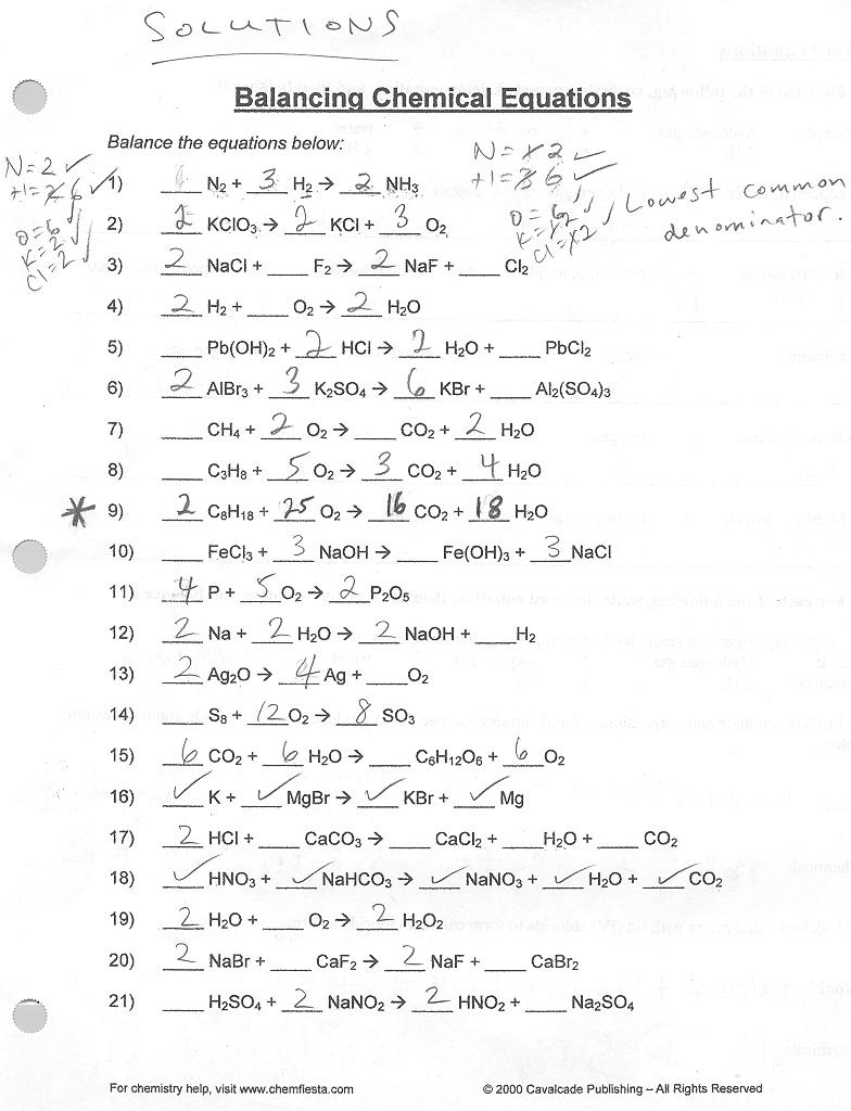 Balancing Chemical Equations Practice Worksheet With Answers