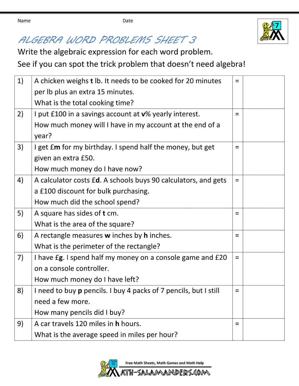 Basic Algebra Worksheets