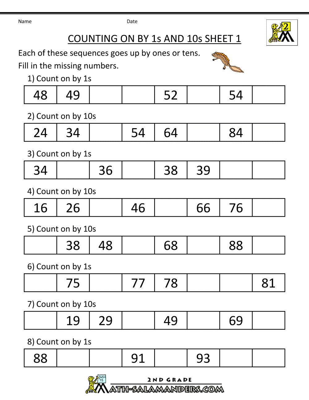 Count By Tens Worksheets Math Number Pattern 2ndade On 1s 10s 3rd