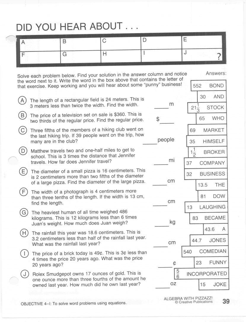Creative Publications Mathheets Answersheet Did You Hear About