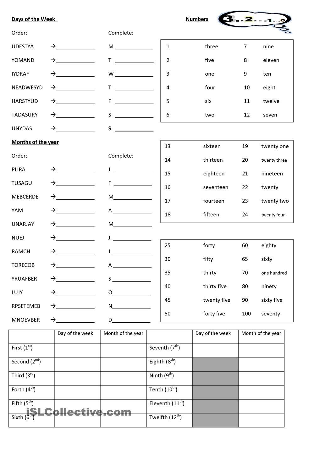Days, Months, Ordinal Number Worksheet