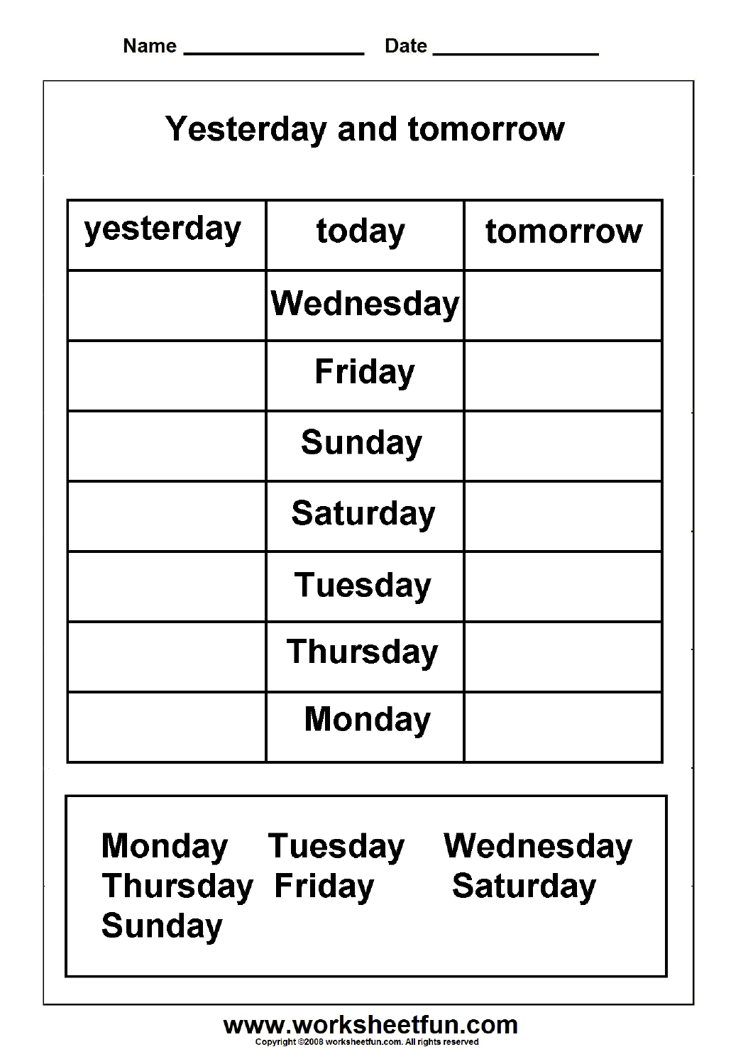 Days Of The Week Yesterday And Tomorrow Printable Worksheets