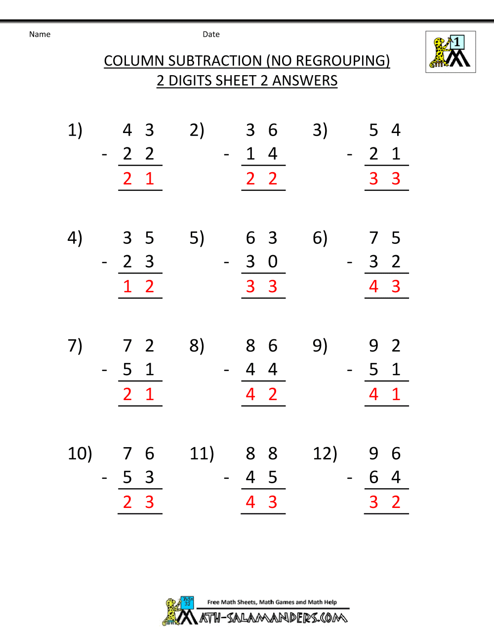 Digit Subtraction Worksheets