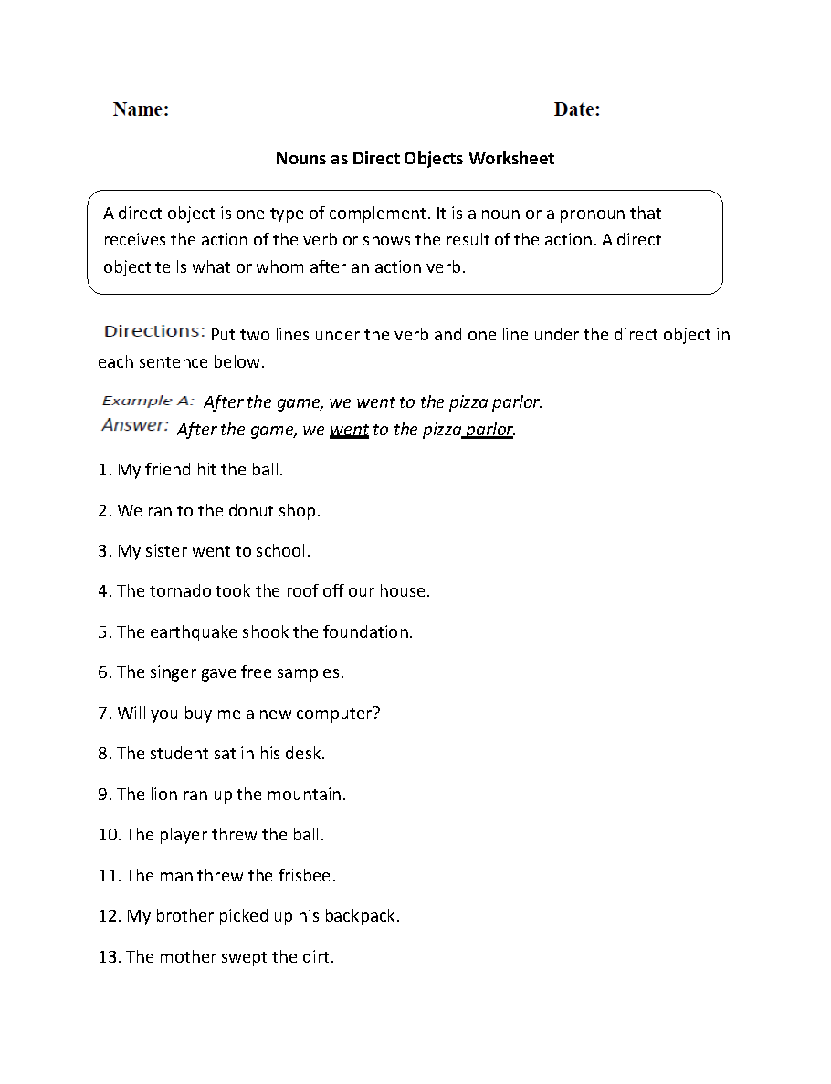Direct And Indirect Object Worksheets