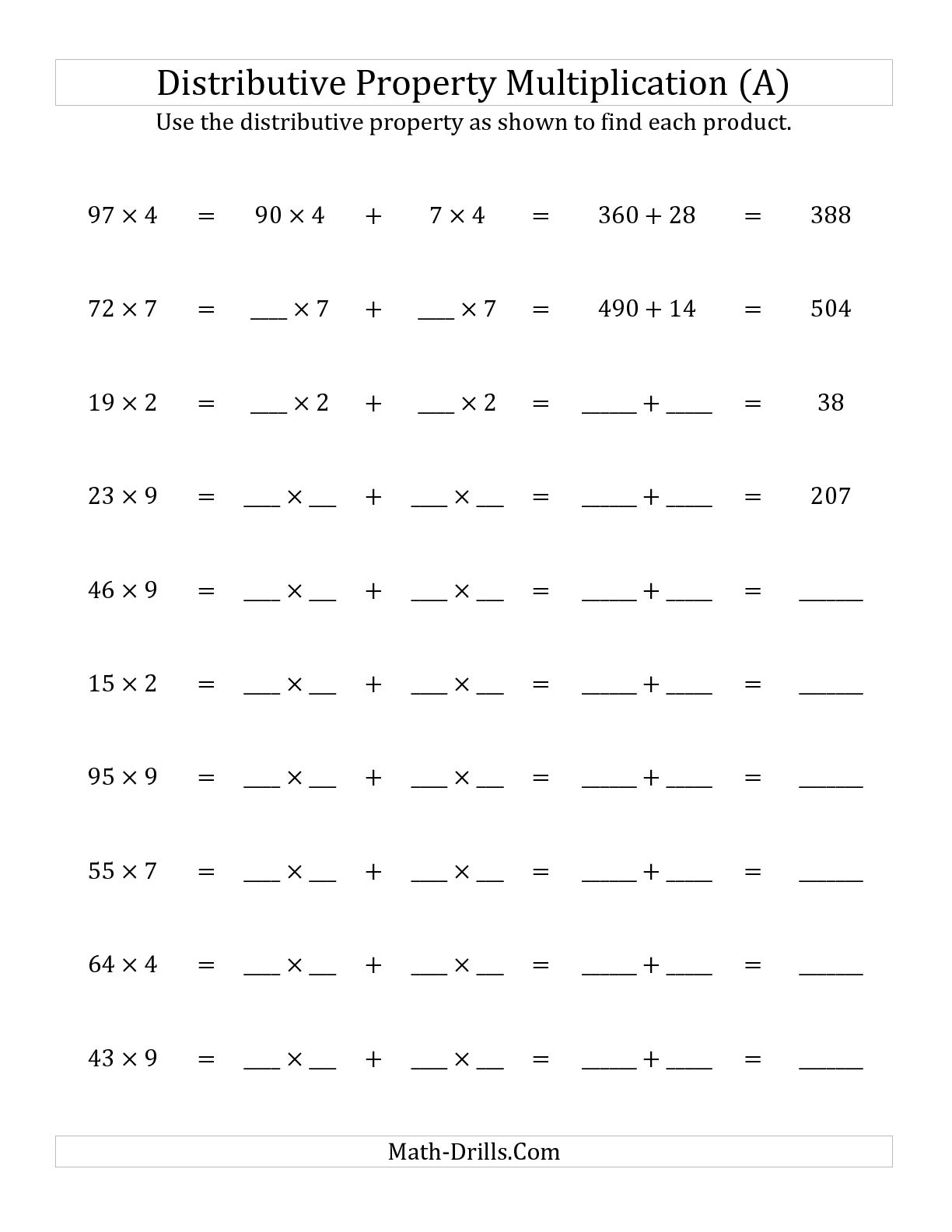 Distributive Property Of Multiplication Worksheets 4th Gr