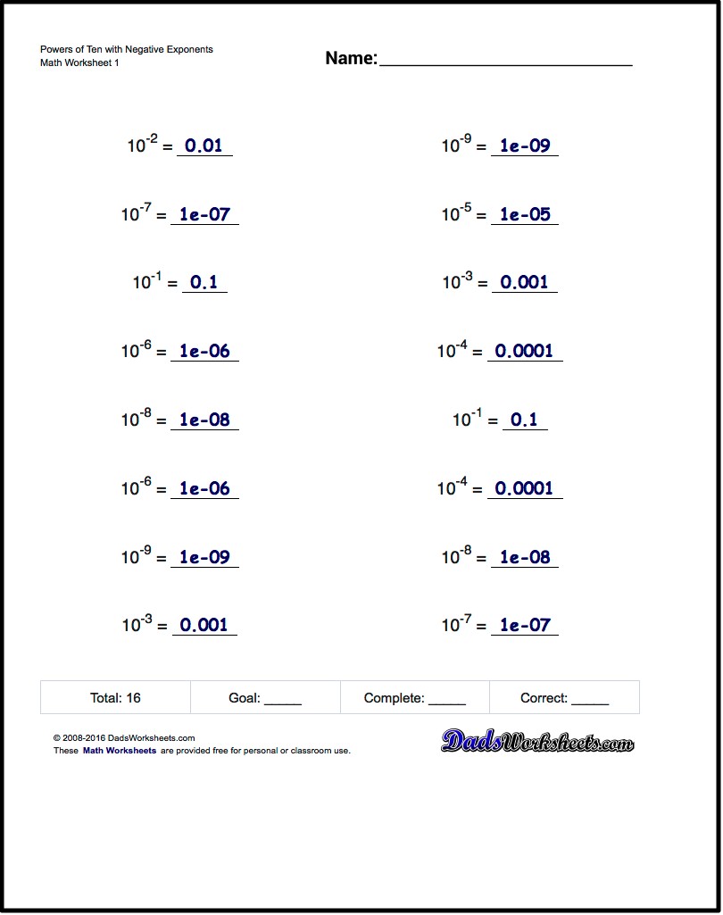 Exponents Worksheets For Powers Of Ten With Negative Adding And