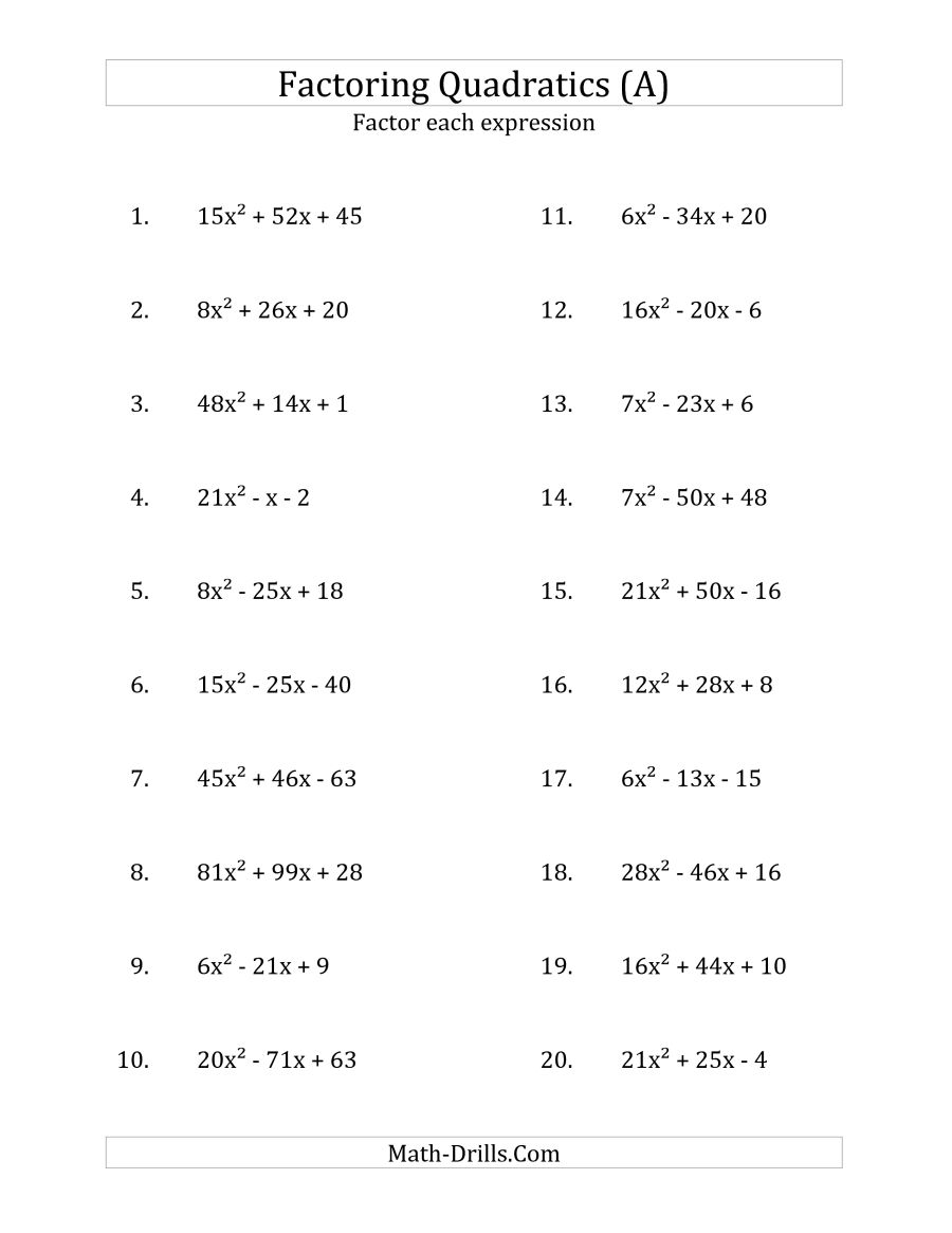 Factoring Quadratic Expressions With 'a' Coefficients Up To 81 (a)