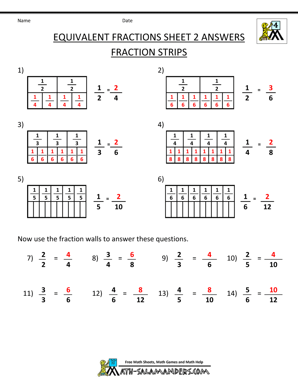 Fourth Grade Math Worksheets Comparing Fractions