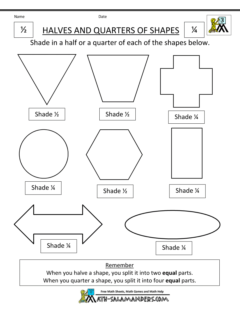 Fraction Shape Worksheets Shapes Worksheet Halves And Quarte