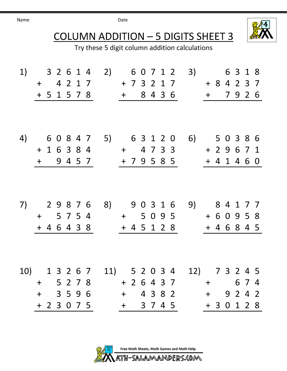 Free Math Addition Worksheets 4th Grade