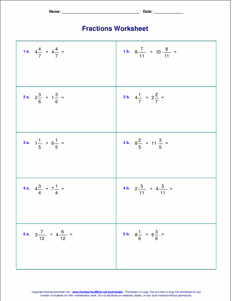 Free Math Worksheets Add And Subtract Mixed Numbers