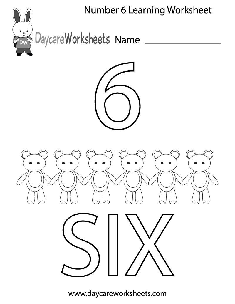 Free Preschool Number Six Learning Worksheet