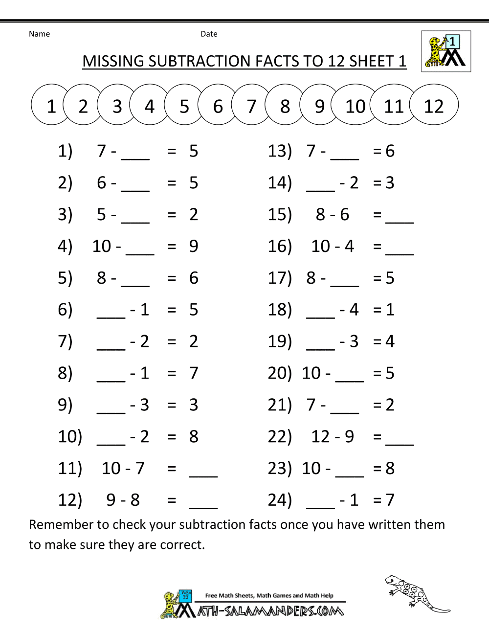 Free Subtraction Worksheets Missing Subtraction Facts To 12 1