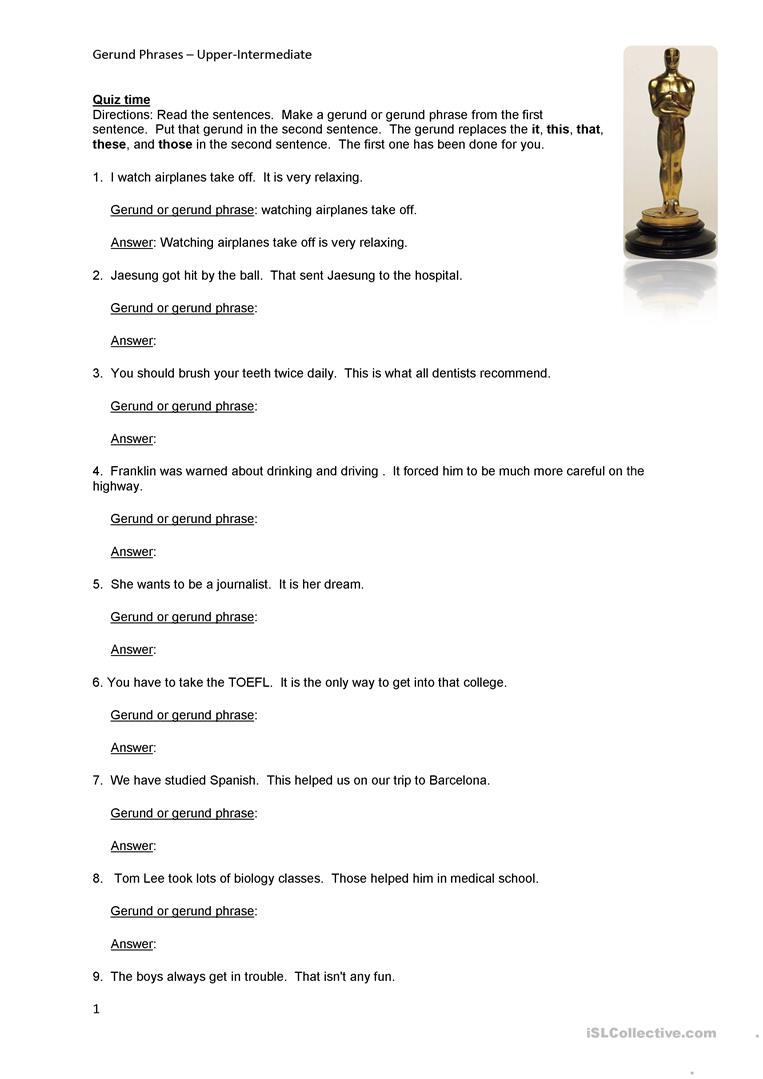 Gerund Phrase Task Worksheet