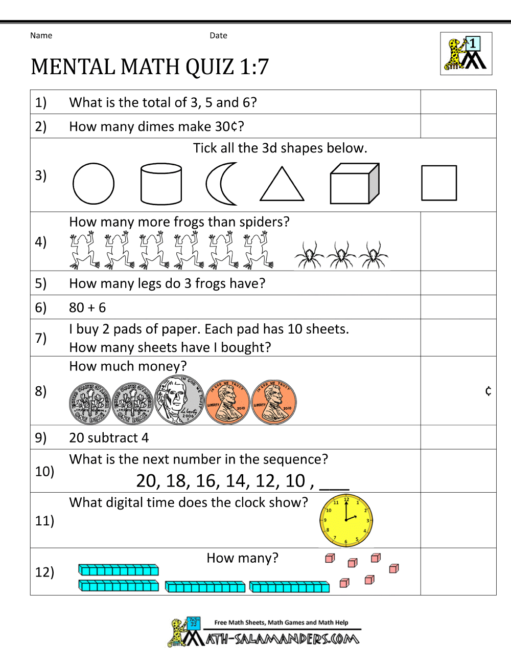 Grade Mental Math Worksheets