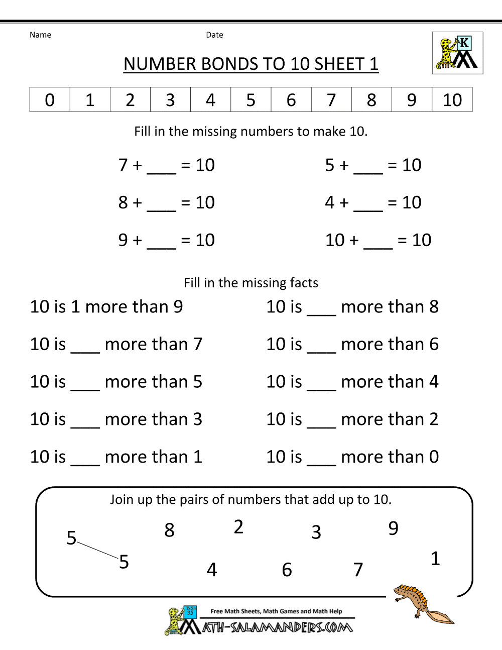 Kindergarten Math Worksheets Number Bonds To 10 1 Gif Image