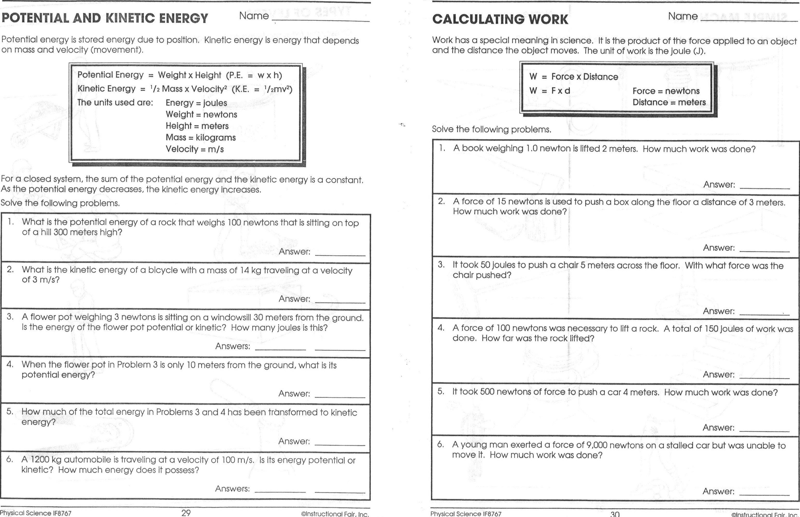 Kinetic Energy Worksheet