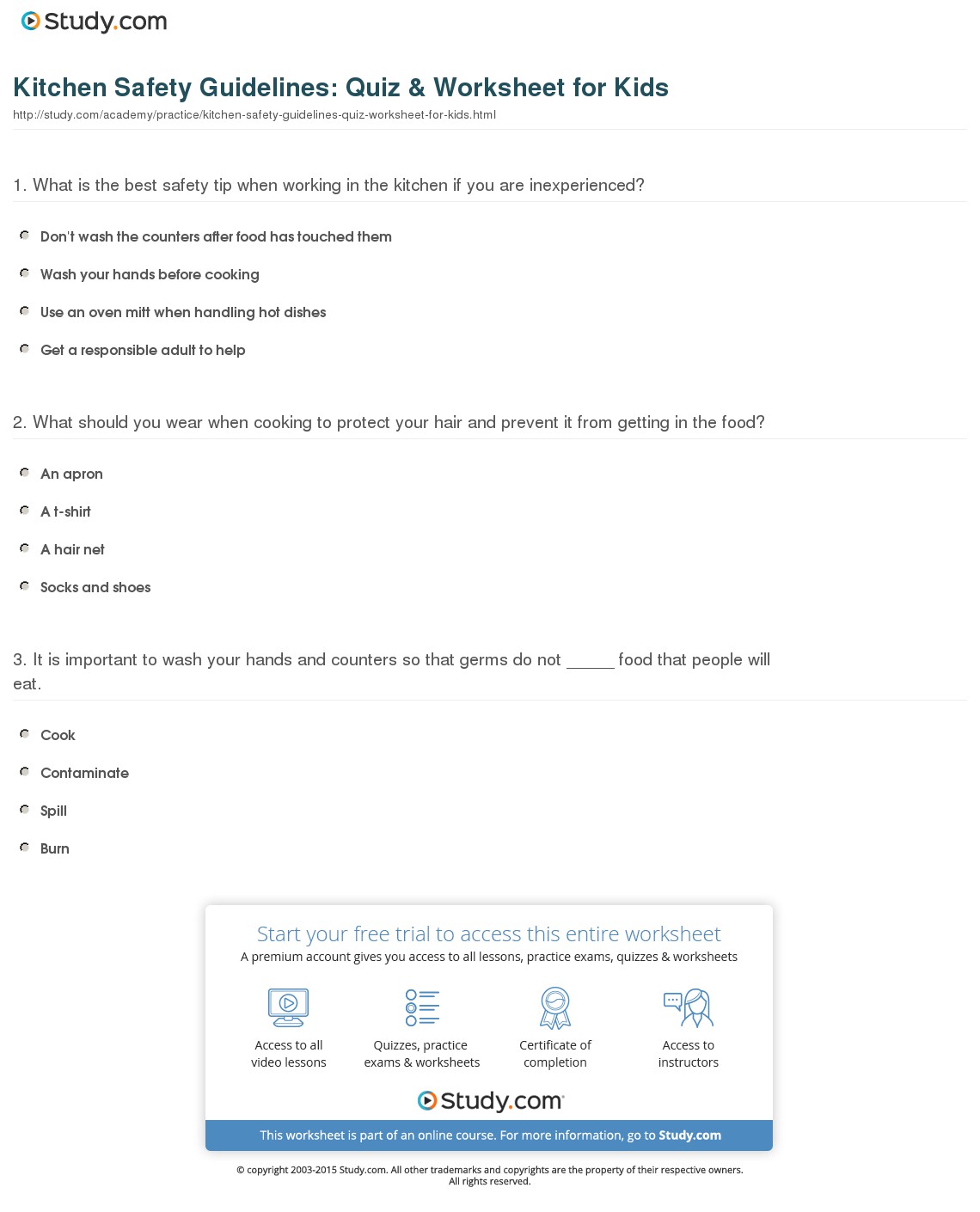 Kitchen Safety Guidelines  Quiz & Worksheet For Kids