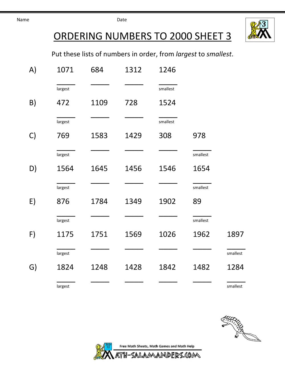 Math Worksheets 3rd Grade Ordering Numbers To 10000