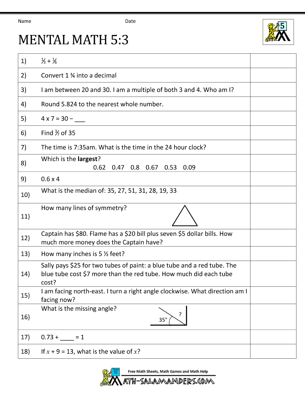 Mental Math 5th Grade