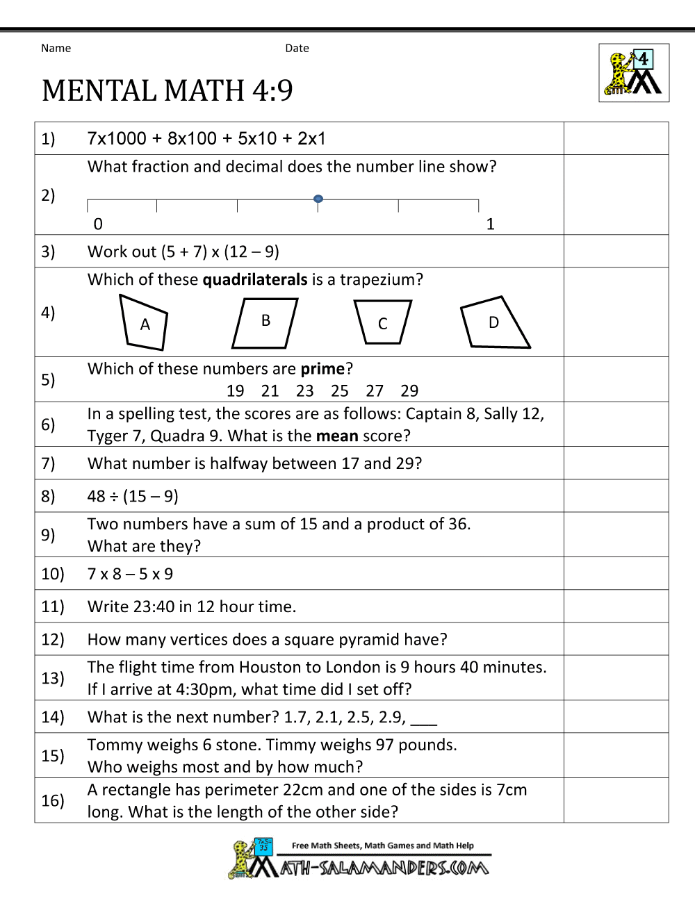 Mental Math Worksheets 4th Grade 9