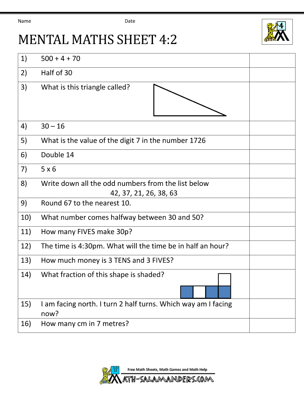 Mental Maths Test Year 4 Worksheets