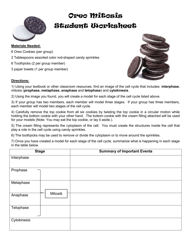 Oreo Mitosis Student Worksheet Materials Needed  6 Oreo Cookies