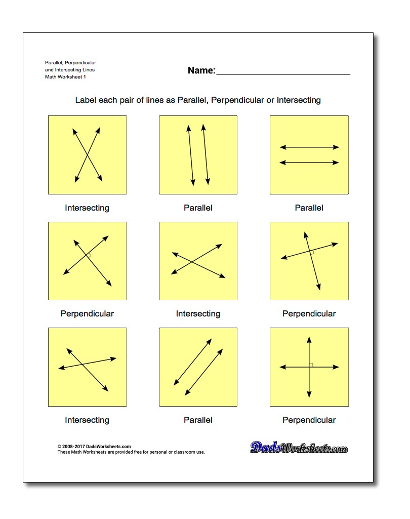 Parallel Intersecting And Perpendicular Lines Worksheets