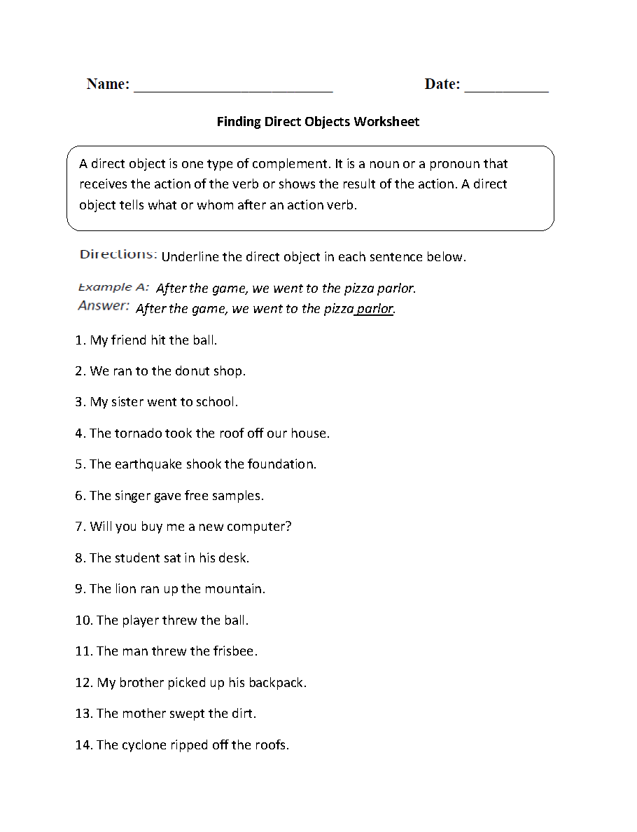 Parts Of A Sentence Worksheets