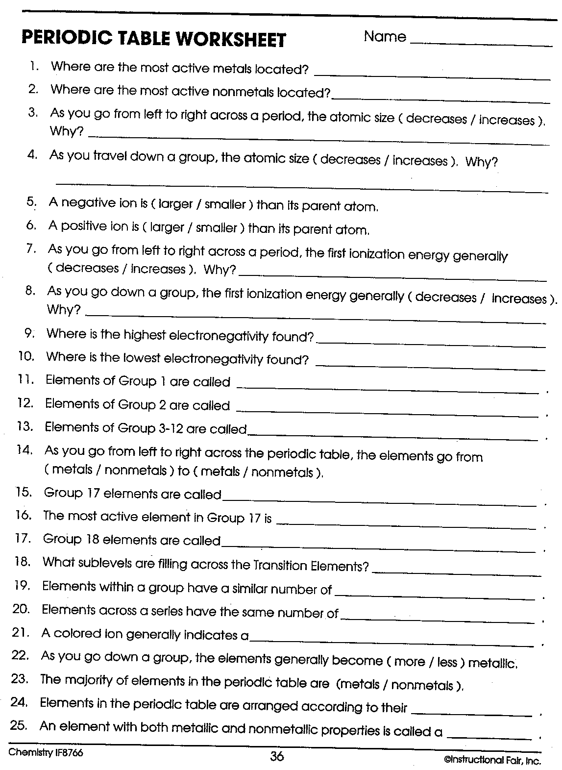 Periodic Table Worksheet Answers