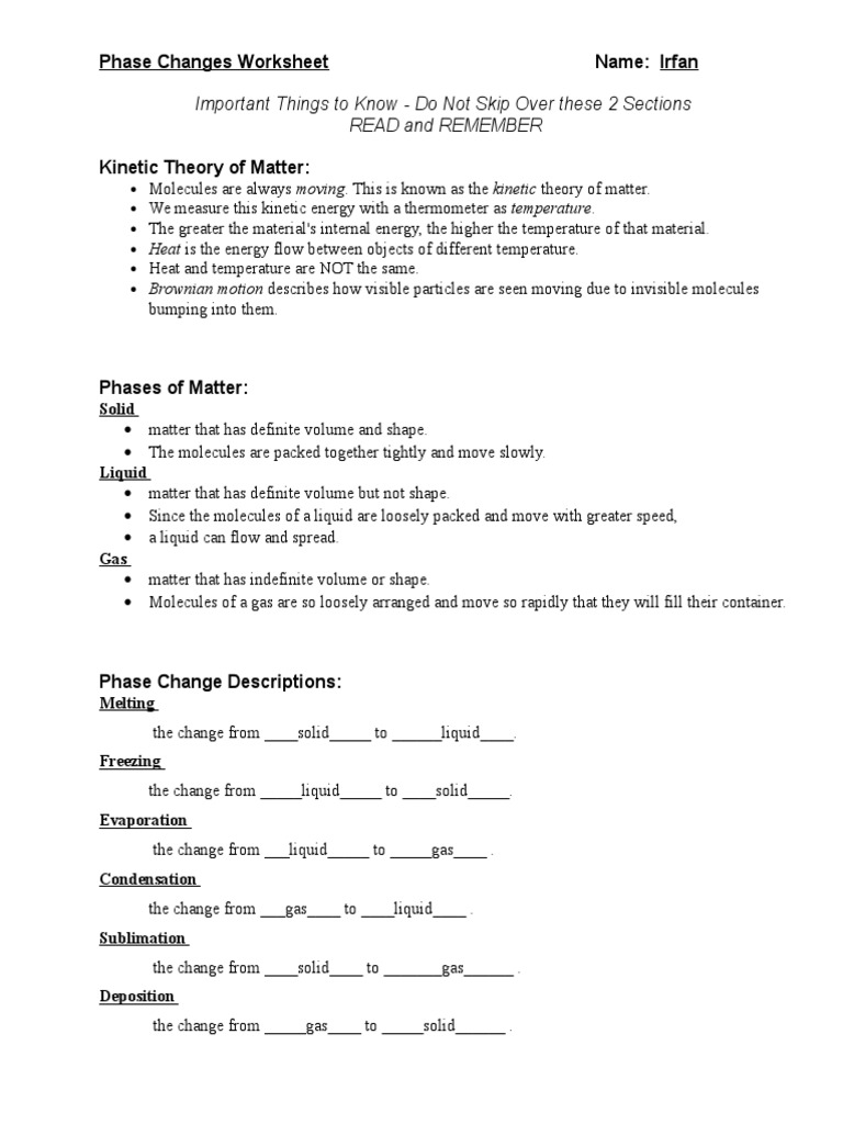 Phase Change Worksheet Answers Worksheets For All