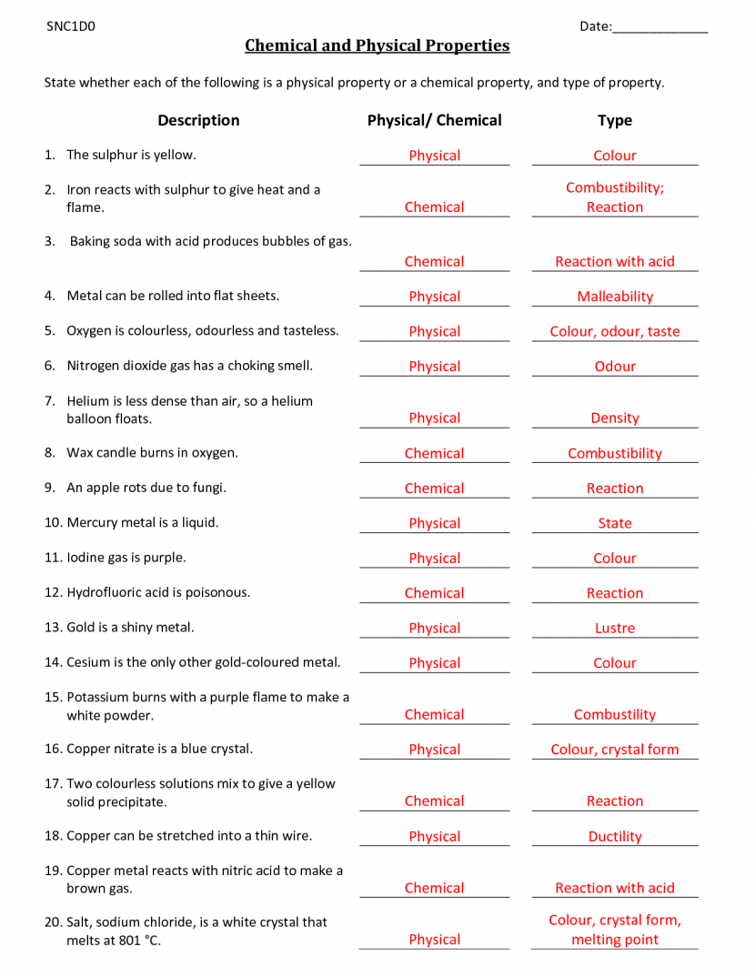 Physical And Chemical Properties Worksheet Middle School