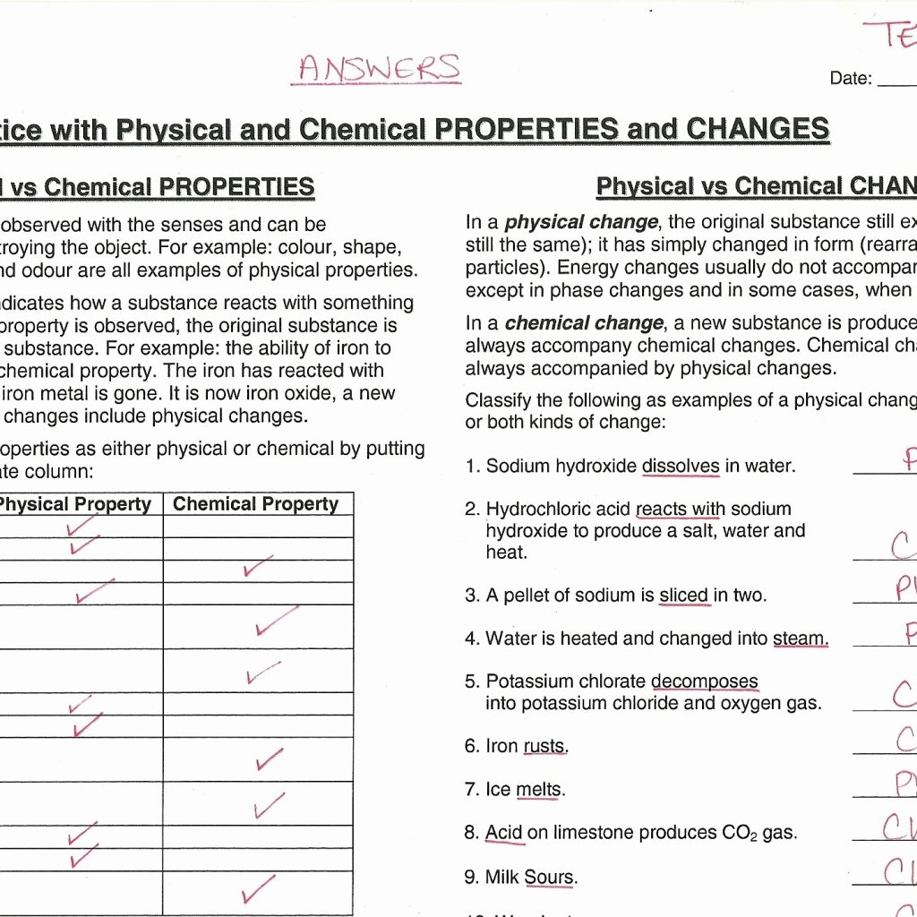 Physical And Chemical Worksheet Answers