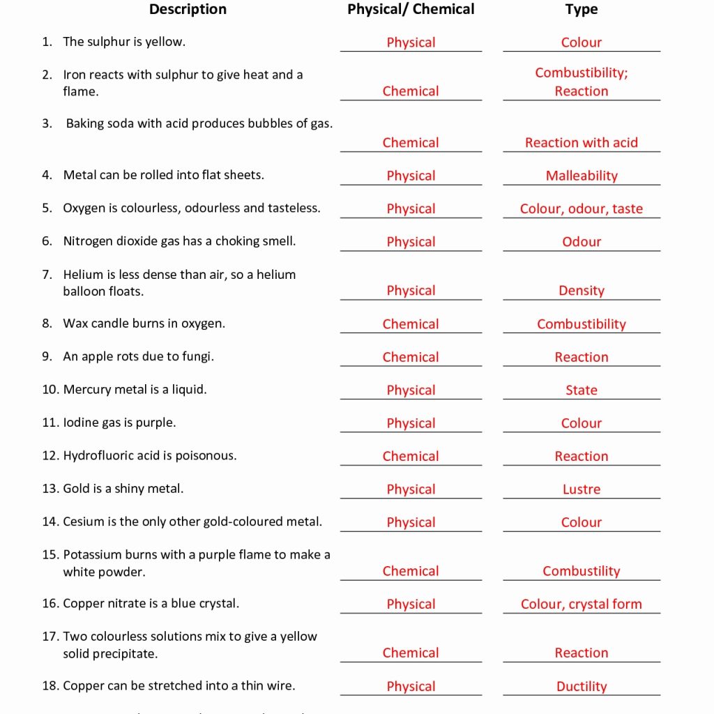 Physical And Chemical Worksheet Answers