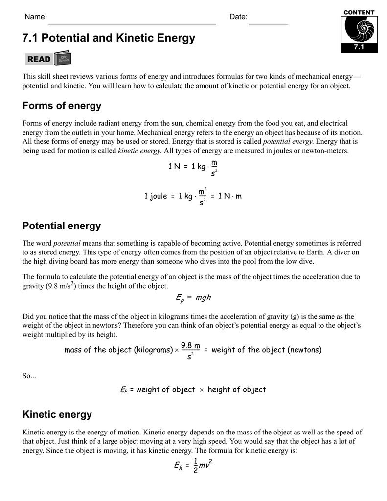 Potential And Kinetic Energy Worksheet Answers Worksheets For All