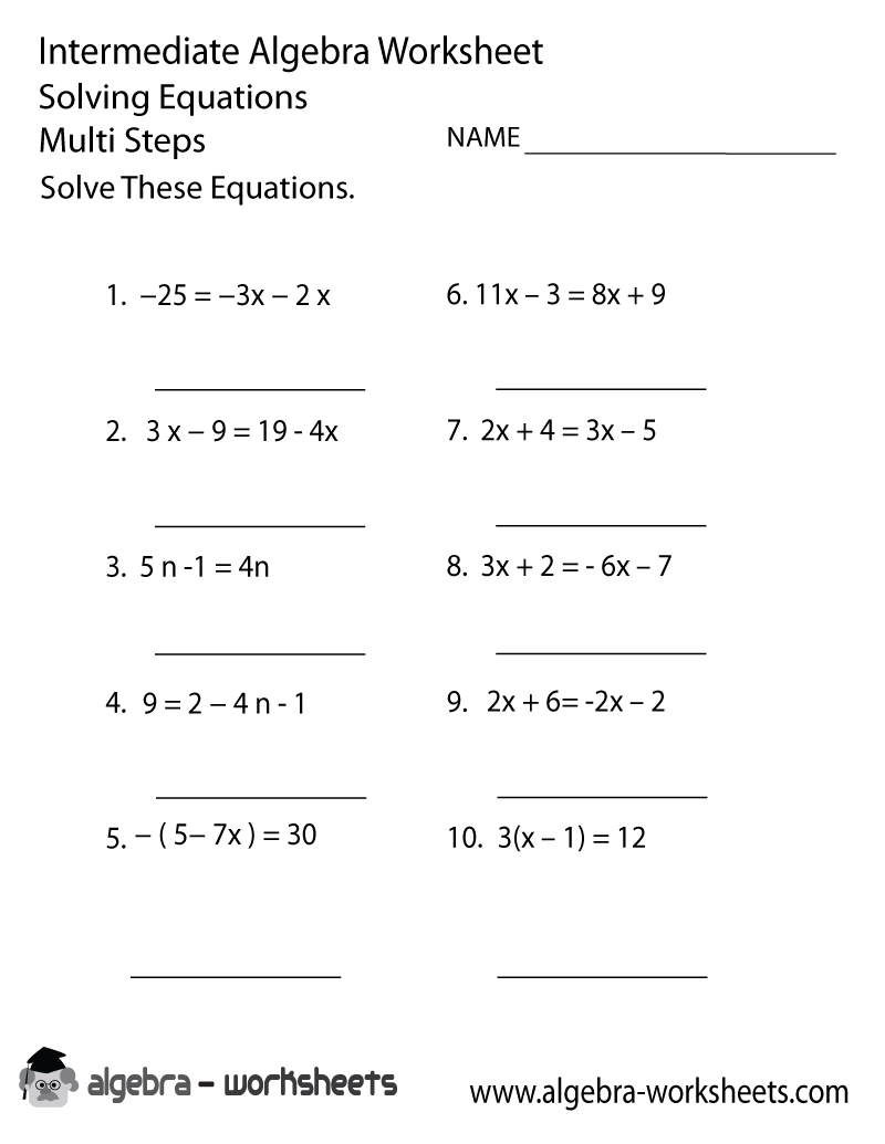 Print The Free Solve Equations Intermediate Algebra Worksheet