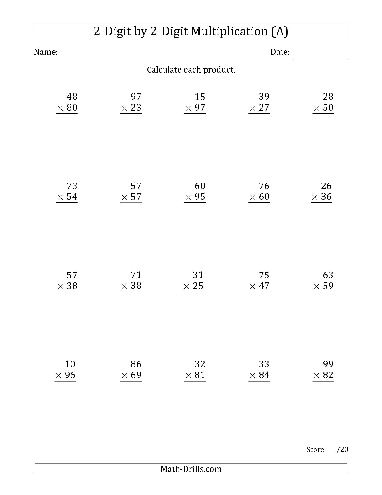 Printable 2 Digit Multiplication Worksheets 2 Digit Multiplication