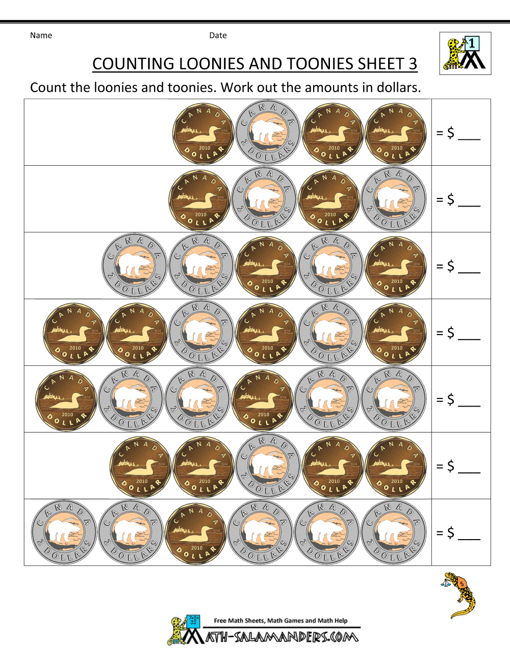 Printable Money Worksheets Canada Counting Loonies And Toonies 3