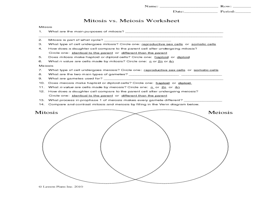 Printables  Comparing Mitosis And Meiosis Worksheet Answers