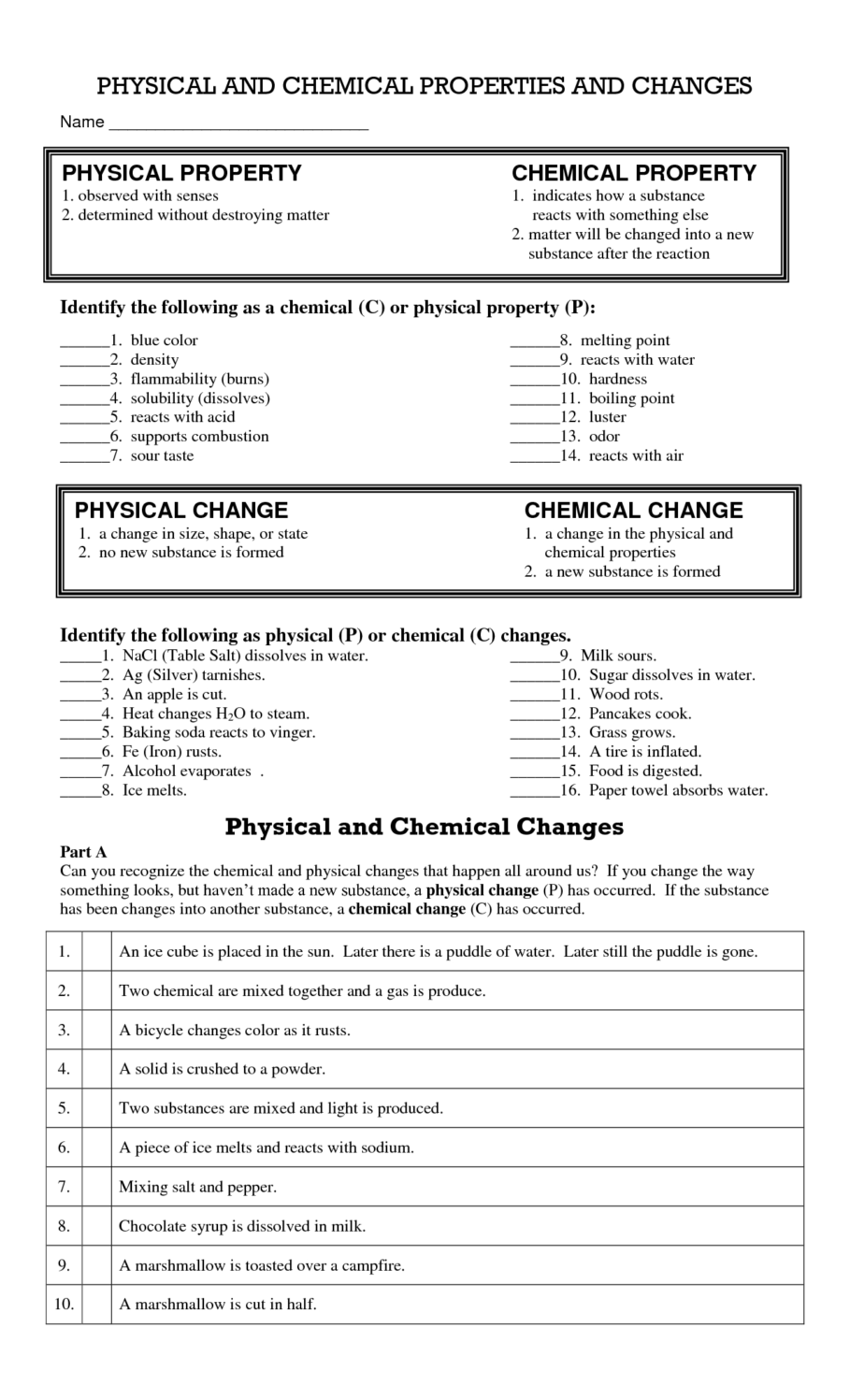 Proficiency Worksheet Physical And Chemical Changes Chemical And