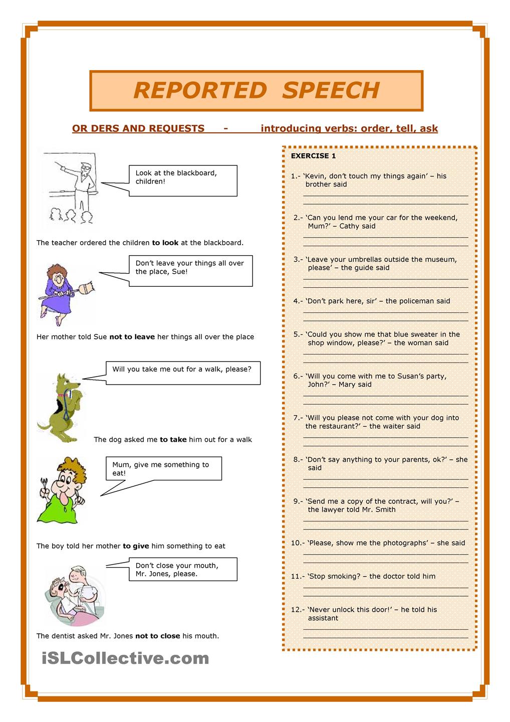 reported speech grade 7 worksheet