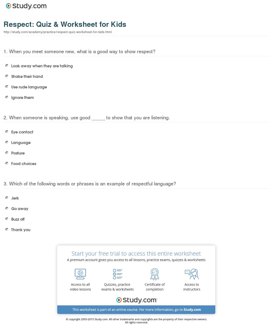 Respect  Quiz & Worksheet For Kids