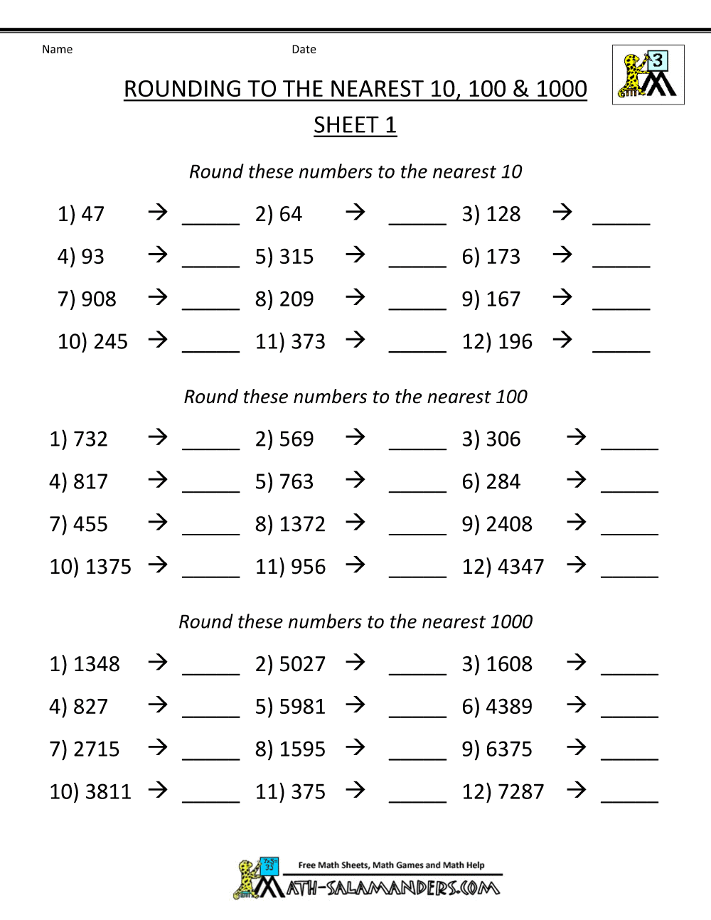 Rounding Numbers Worksheets Nearest 10 100 1000 1