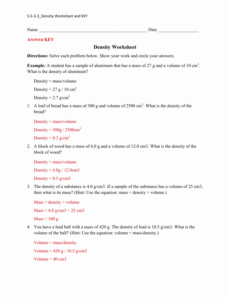 Showme Science 8 Density Calculations Worksheet Problems
