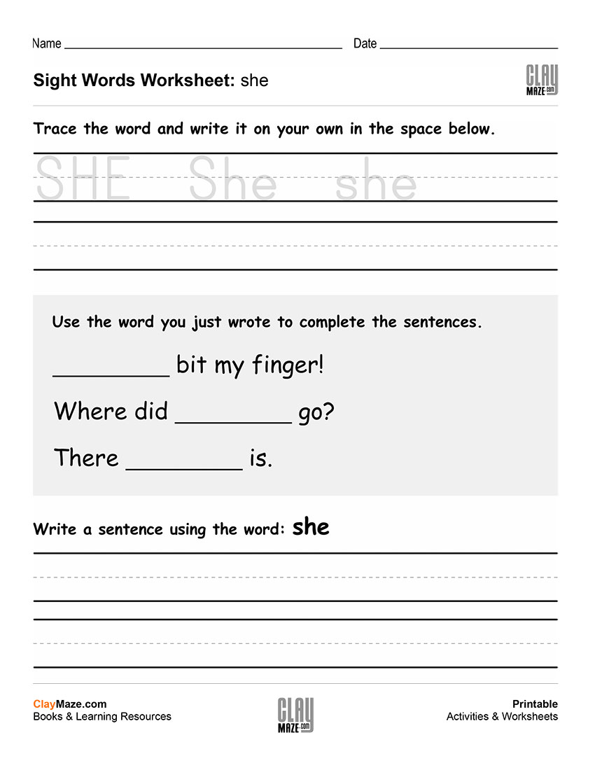 Sight Word She Worksheets