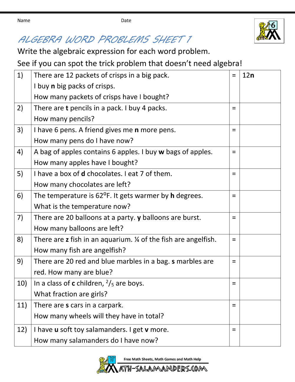 Simple Algebra Worksheet