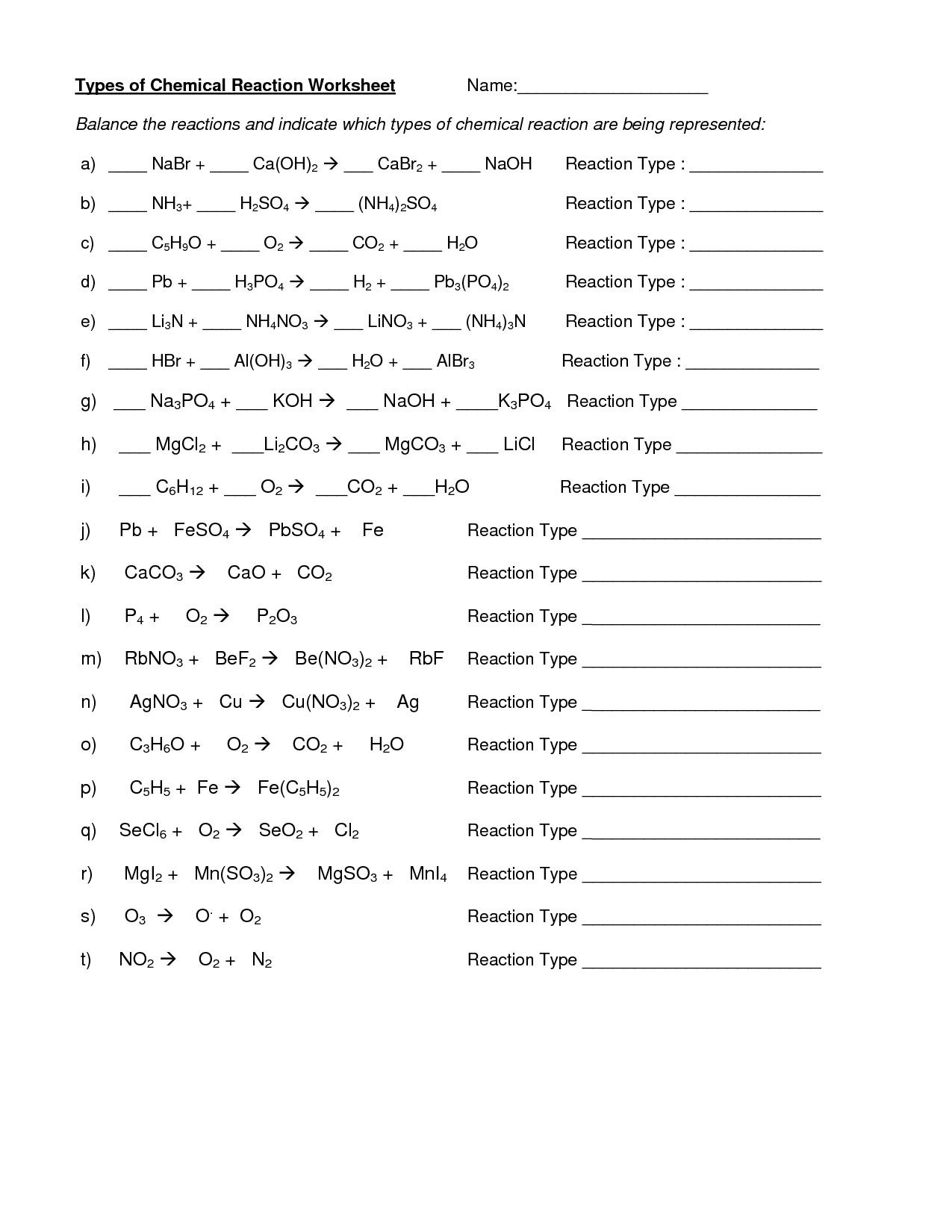 Six Types Of Chemical Reactions Worksheet The Best Worksheets